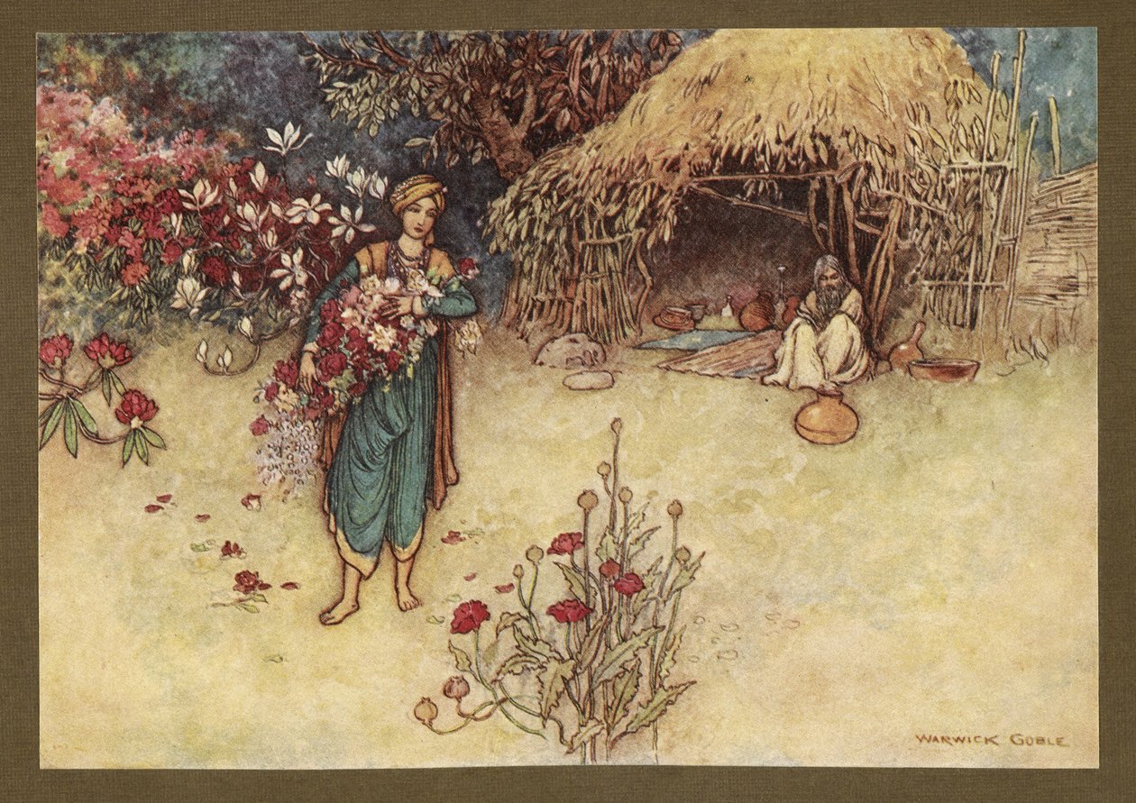 Deska 17: "Za úsvitu první trhal květiny", z Lidových příběhů Bengálska... S 32 barevnými ilustracemi od Warwicka Gobleho. (Luxusní vydání.) od Warwick Goble