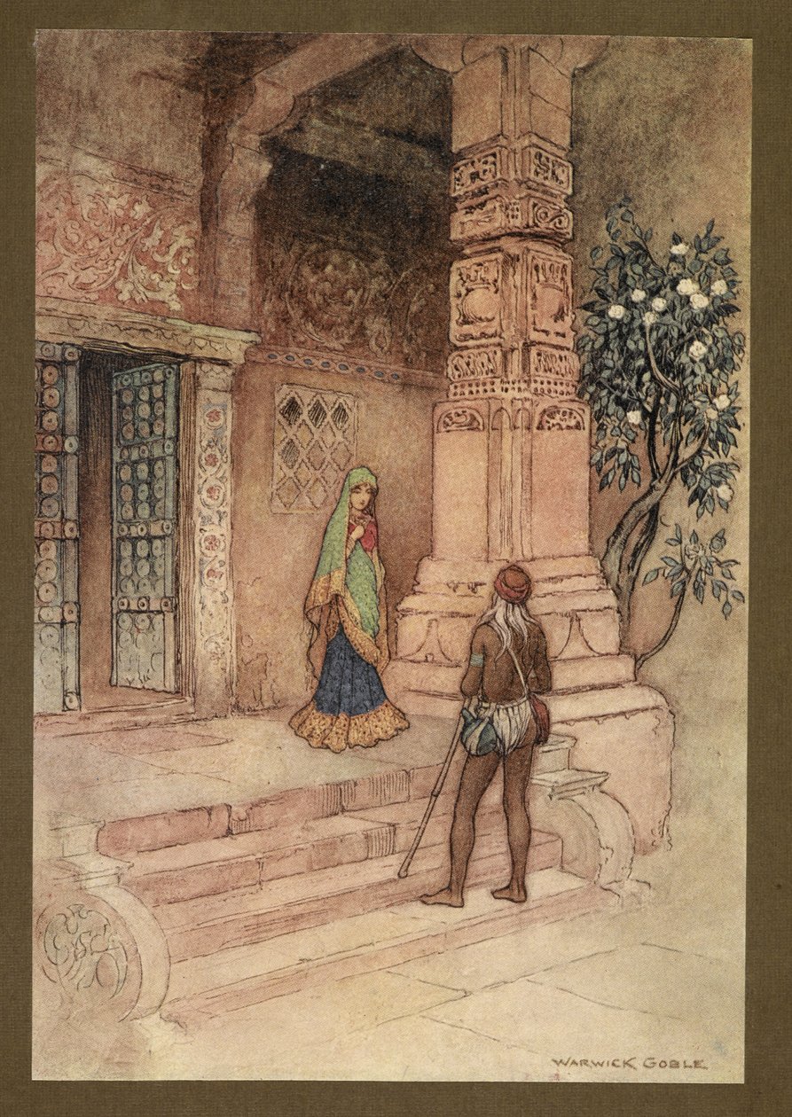 Talíř 1: "Královna Suo šla ke dveřím s hrstí rýže." z Folk-Tales of Bengal ... S 32 barevnými ilustracemi od Warwicka Goblea. (Luxusní vydání.) od Warwick Goble