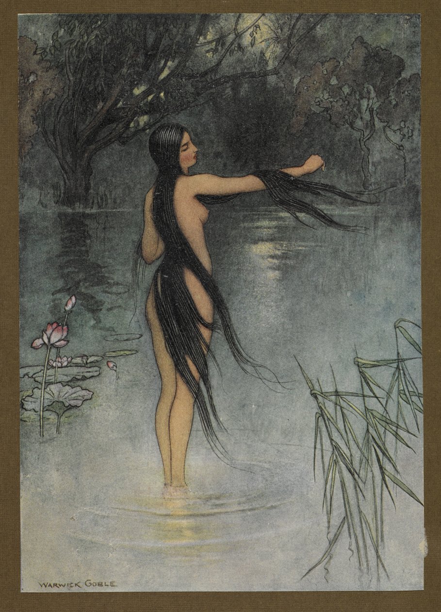 Talíř 29: "Když vylezla z vody, jaká změna na ní byla vidět!", z Lidových příběhů Bengálska... S 32 barevnými ilustracemi od Warwicka Goblea (Edice de luxe.). 1914 od Warwick Goble
