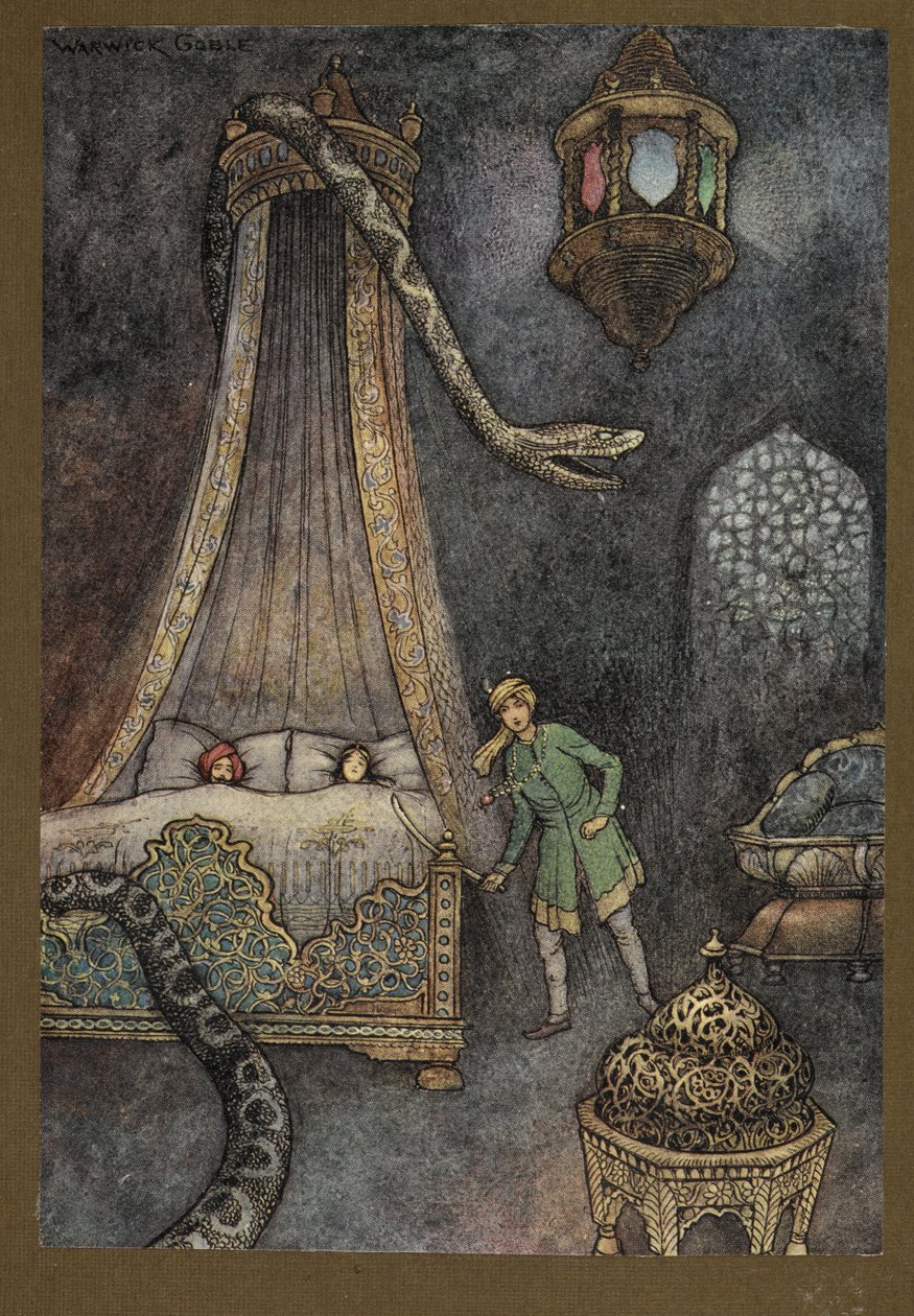 Deska 3: "Vyběhl ze svého úkrytu a zabil hada", z Lidových příběhů Bengálska... S 32 barevnými ilustracemi od Warwicka Gobleho. (luxusní edice) od Warwick Goble