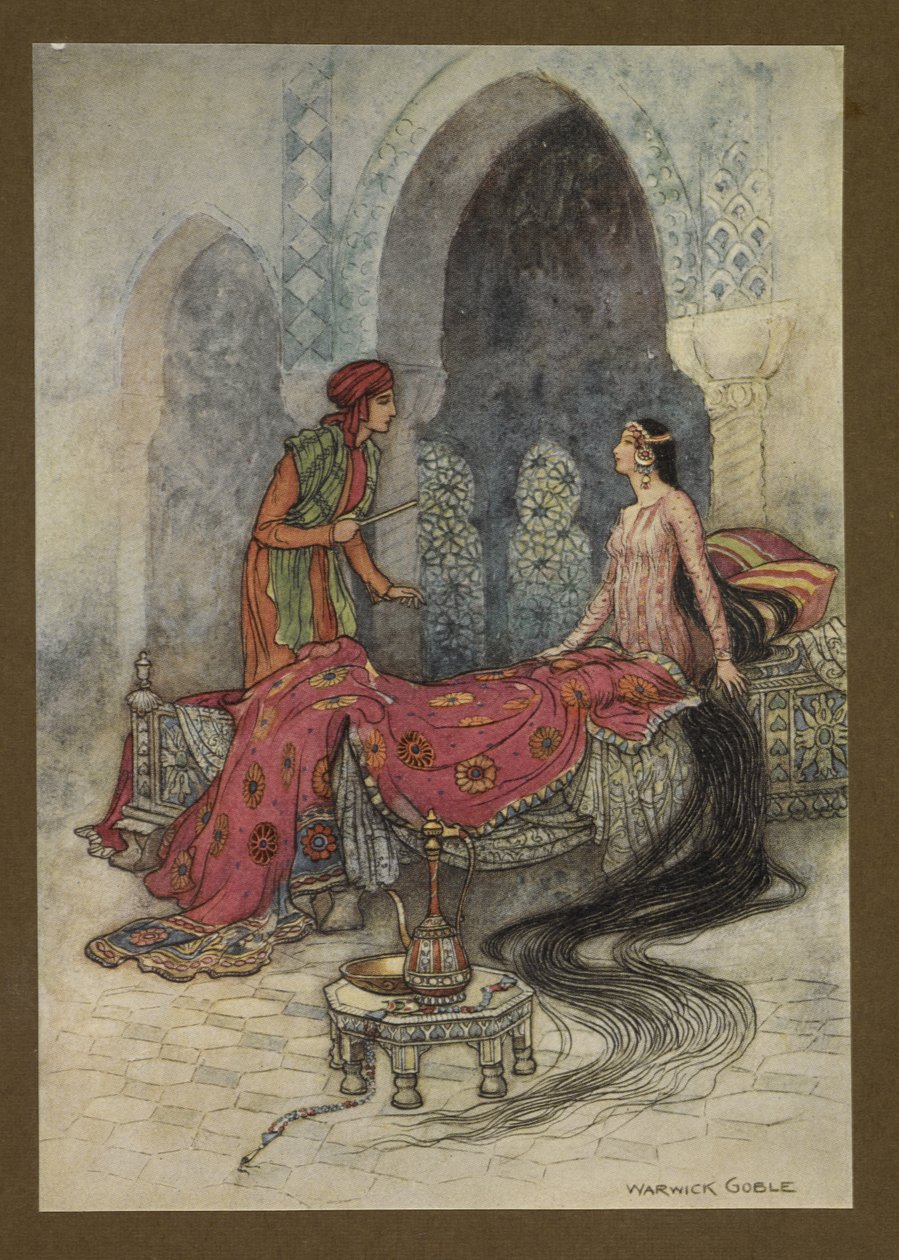 Talíř 6: "Najednou se probudila, posadila se ve své posteli a dívala se na cizince, ptala se, kdo to je", z Lidových příběhů Bengálska... S 32 barevnými ilustracemi od Warwicka Goblea. (Luxusní vydání.). 1914 od Warwick Goble