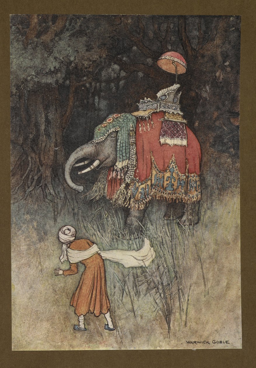 Deska 8: „Najednou mu slon nádherně přeběhl přes cestu“, z Lidových příběhů Bengálska... S 32 barevnými ilustracemi od Warwicka Gobleho (Edice de luxe) od Warwick Goble