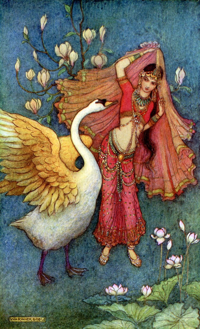 Princezna Dayamanti a labutí posel od Warwick Goble