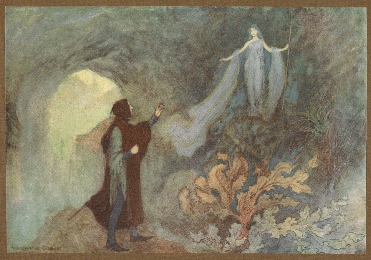 Víla se zjevuje princi v jeskyni z Cenerentoly. od Warwick Goble