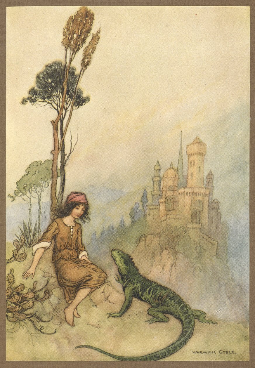 Ještěrka ukazuje Goat-Face palác, z Goat-Face. od Warwick Goble