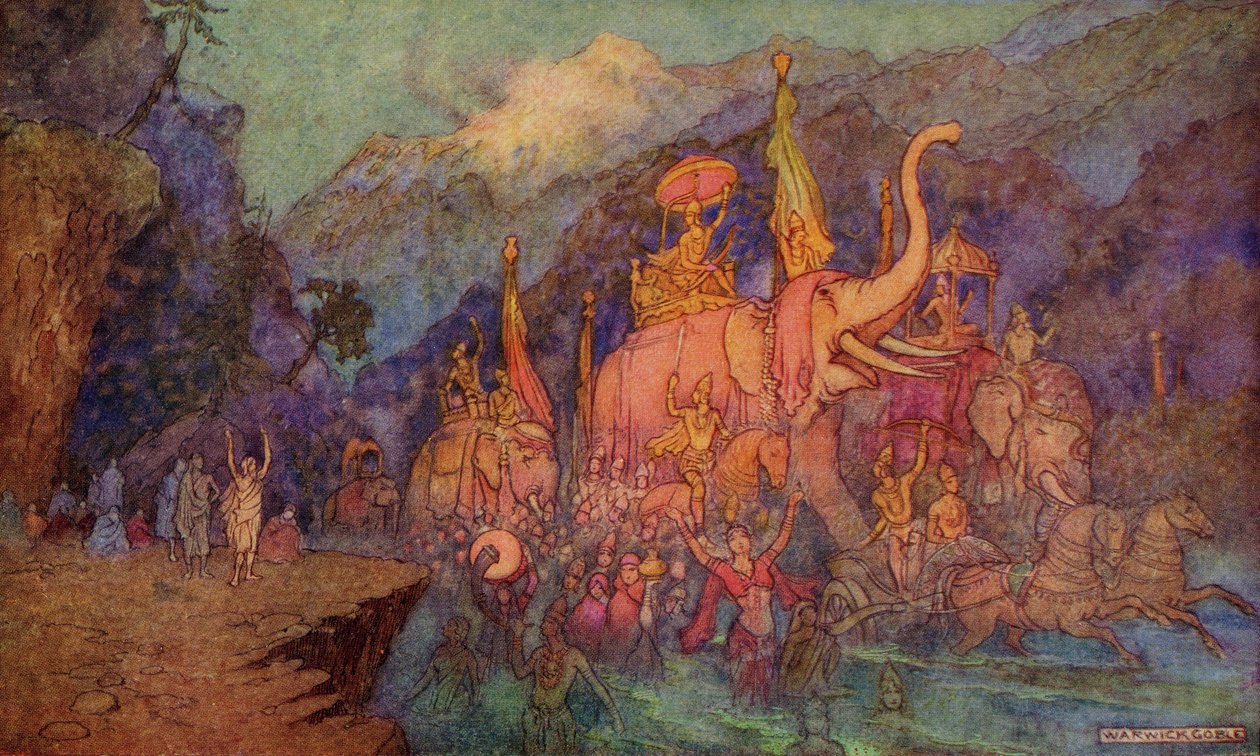 Návrat hrdinů zabitých v bitvě za osmnáct dní, ilustrace z knihy "Indian Myth and Legend" od Donalda A. Mackenzieho, vydané v roce 1913. od Warwick Goble
