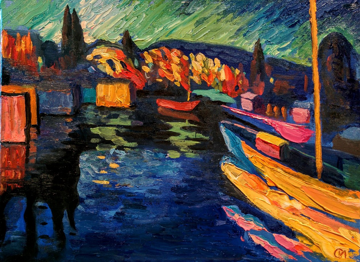 V. Kandinskij. Podzimní krajina s loděmi od Wassily Kandinsky