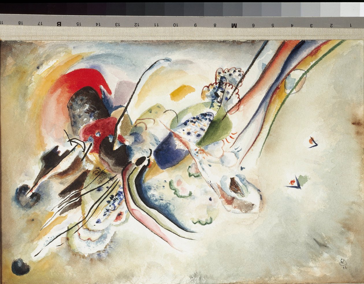 Kompozice Akvarel a tužka na kartonu od Vassily Kandinsky (nebo Wassily Kandinsky nebo Kandinsky, 1866-1944) 1916 desetník. 24x36 cm Milán, Museo del Novecento od Wassily Kandinsky