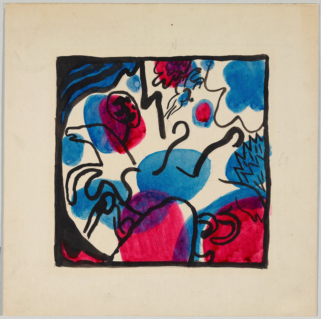 Návrh na barevný dřevoryt „Tři jezdci v červené, modré a černé“ od Wassily Kandinsky