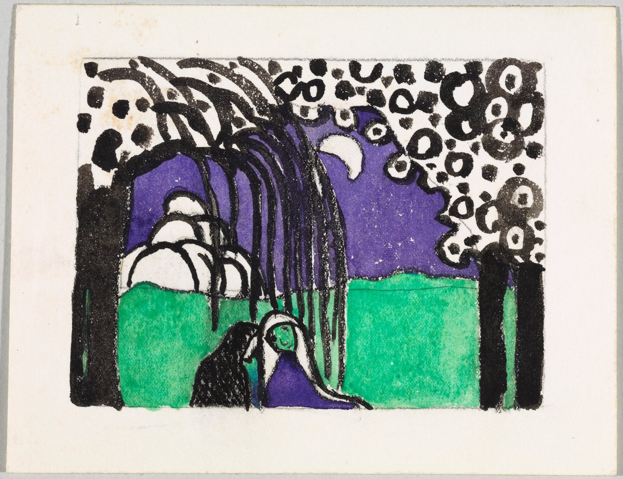 Návrh pro barevný dřevoryt „Dvě ženy v měsíční krajině“ od Wassily Kandinsky