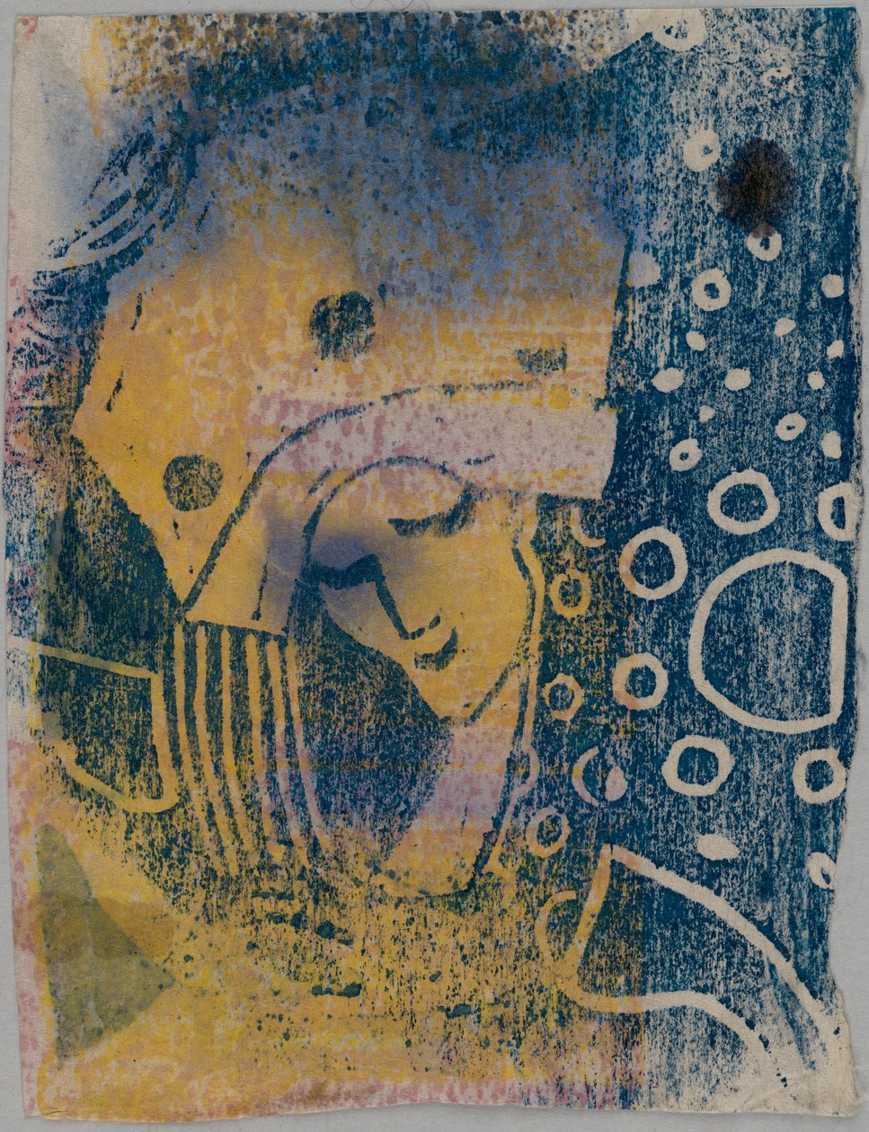 Farbholzschnitt-Probedrucke; Vorderseite: Frauenkopf mit großer Haube, Hintergrund mit Kreismusterung; Rückseite: Hand, stehende Gestalten od Wassily Kandinsky