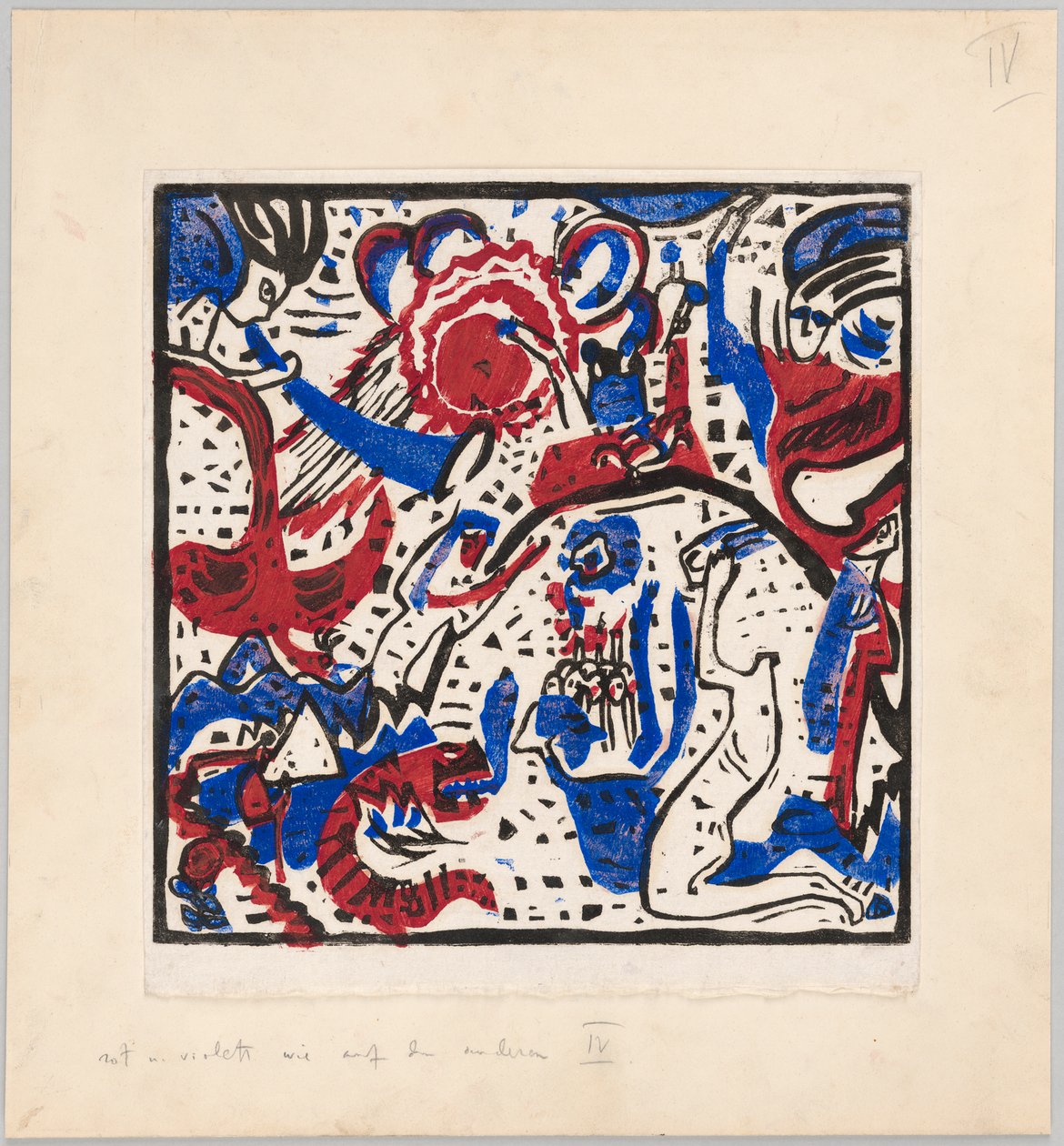 Holzschnitt nach dem Hinterglasbild "Große Auferstehung" (Probedruck mit Anweisungen für Kandinskys Buch "Klänge" (1912), S. 97) od Wassily Kandinsky