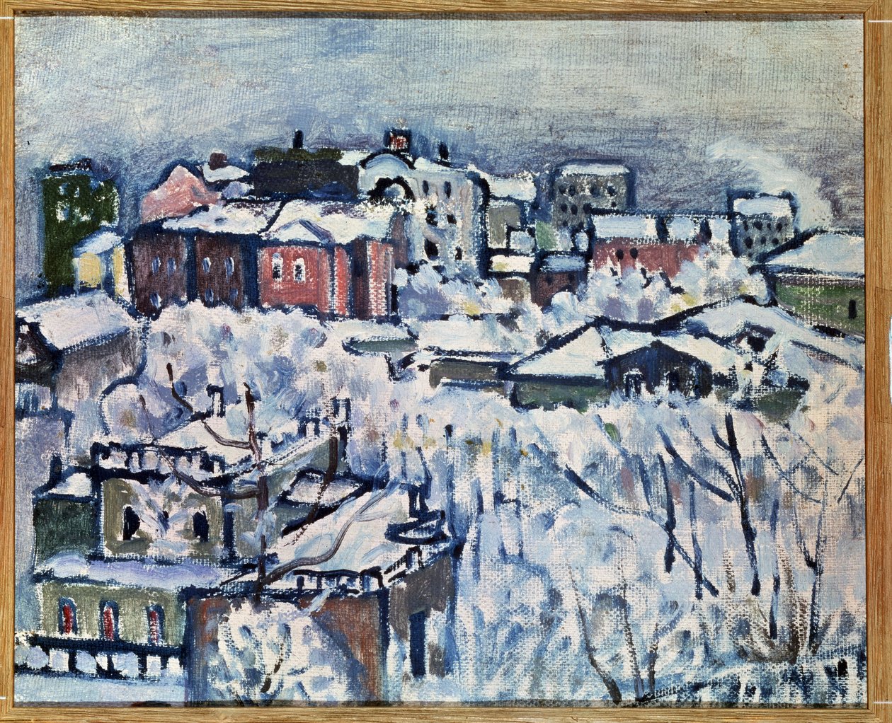 zimní den. Smolensky bulvár (Moskva). (Zimní den. Smolenický bulvár). Městská krajina pokrytá sněhem. Obraz od Wassily Kandinsky (nebo Wassily Kandinski nebo Kandinskij od Wassily Kandinsky