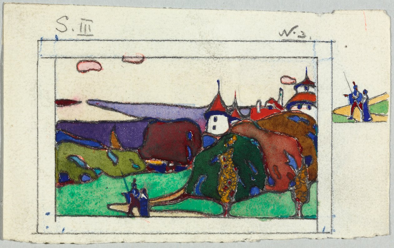 Krajina s párem ve středověkých krojích, na zadní straně: fragment rytíře v brnění od Wassily Kandinsky