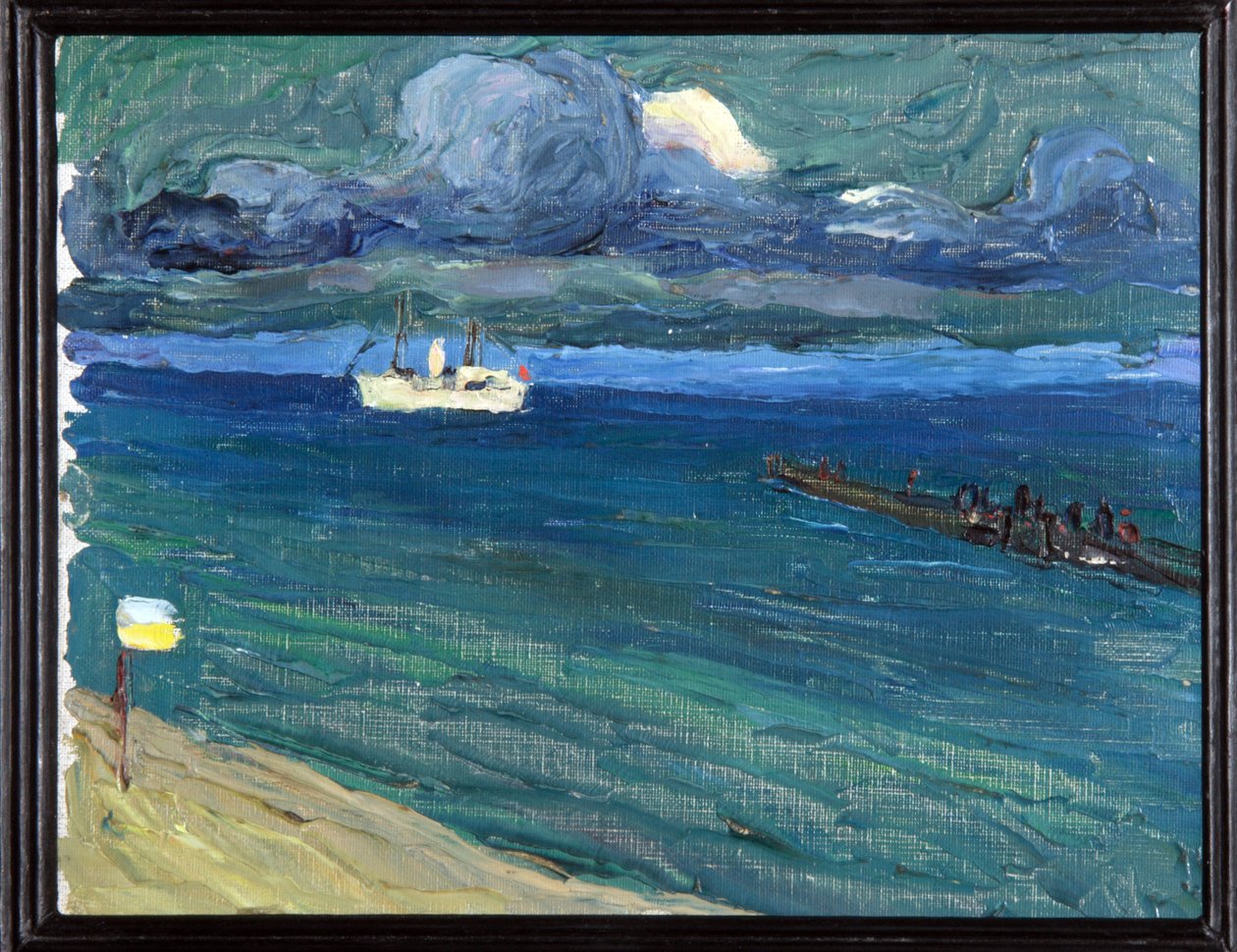 Rapallo (Itálie). Krajina s parníkem. (Rapallo. Krajina s parníkem). Obraz od Wassily Kandinsky (nebo Wassily Kandinski nebo Kandinskij od Wassily Kandinsky