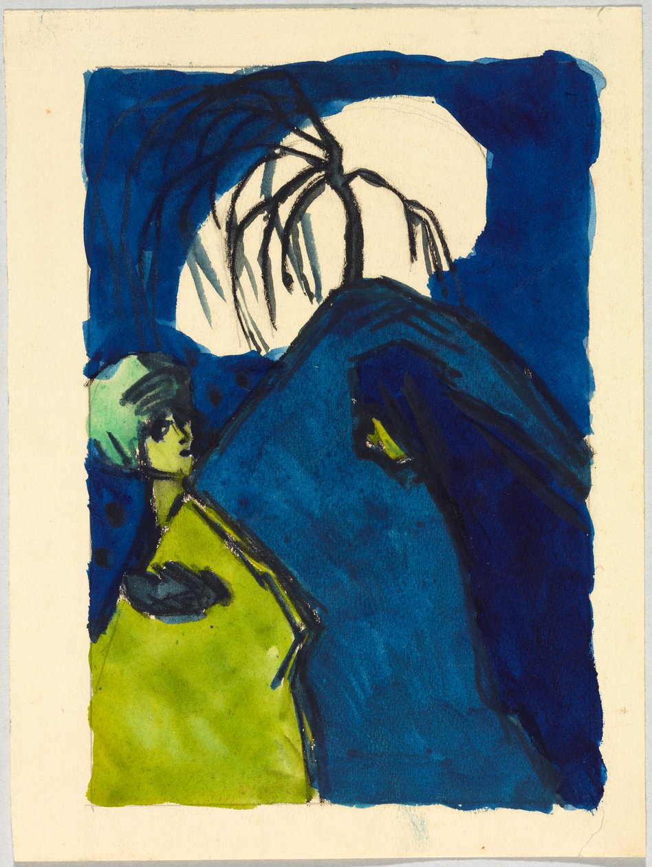 Zwei Gestalten vor Hügel mit Baum und weißer Wolke; Begegnung od Wassily Kandinsky