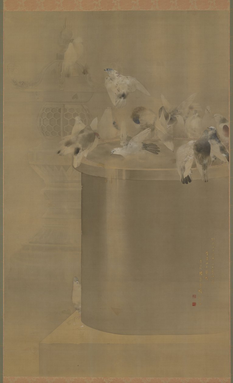 Holubi v Senjoji (chrám Asakusa Kannon) éra Meidži, 1877 (inkoust a barva na hedvábí) od Watanabe Seitei