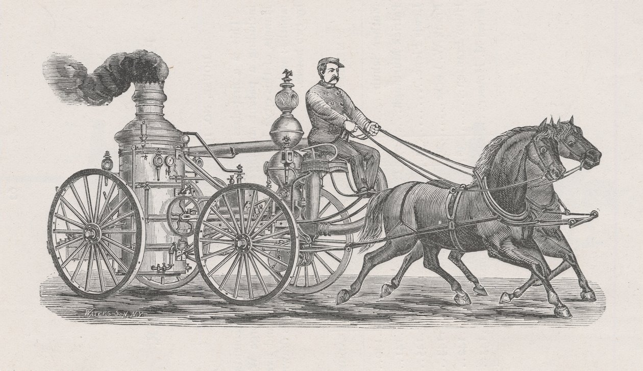 Ilustrace parníku R.A. Požární stříkačka Williams č. 17, ze zprávy policejního sboru, v hasičském sboru, do Common Council of City of Chicago, str. 60., 1872 (dřevoryt) od Waters and Son Waters and Son