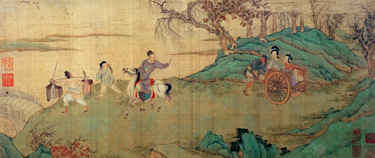 Student Chang se loučí se svou milenkou Ying Ying v pavilonu odpočinku, detail ilustrace „Xi Xiang Ji“ od Wen Zhengming