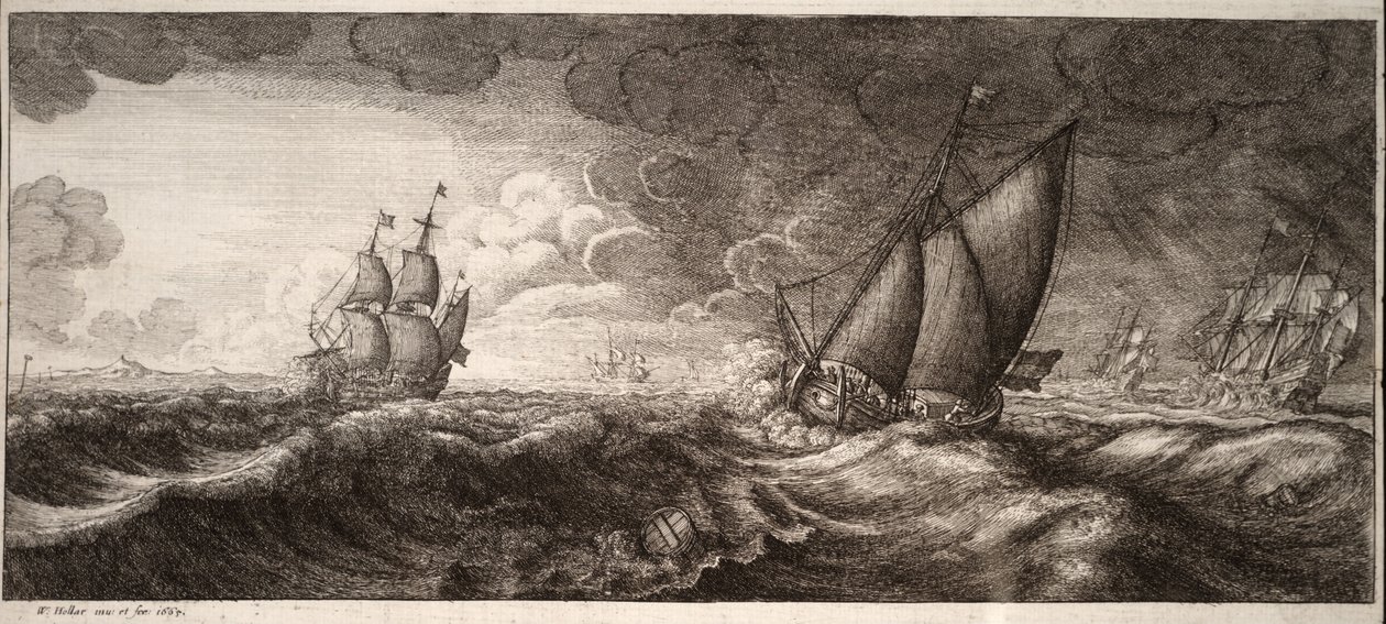 Jachta a tři válečné lodě v bouři. Stav 1 od Wenceslaus Hollar