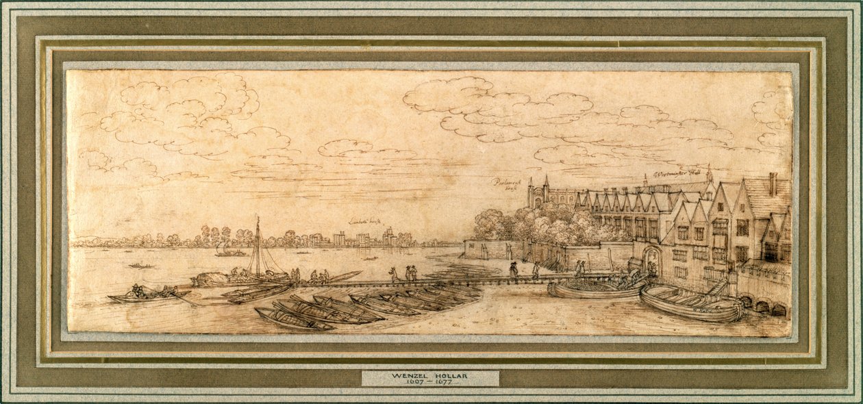 Temže pod Westminsterským molem, kolem roku 1638 (pero a hnědý inkoust na papíře) od Wenceslaus Hollar