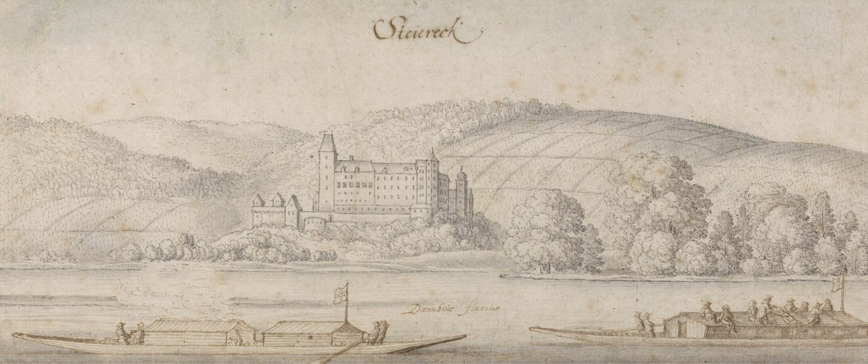 Pohled na Steiereck na Dunaji, cca 1636 (pero a hnědý inkoust s mytím na papíře) od Wenceslaus Hollar