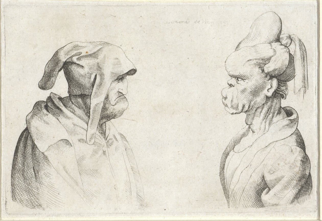 Deformované hlavy muže s poddajným kloboukem a ženy se svázanými vlasy Varie figurae et probae (název série) Karikatury, hlavy a deformace po Leonardu da Vinci (název série) od Wenceslaus Hollar (attributed to)