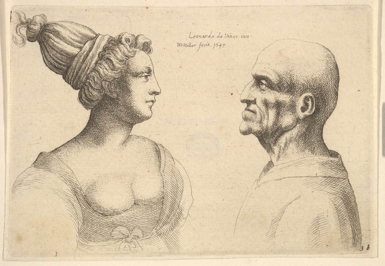 Žena s vlasy sepnutými dozadu a holohlavý muž proti sobě, 1645. od Wenceslaus Hollar