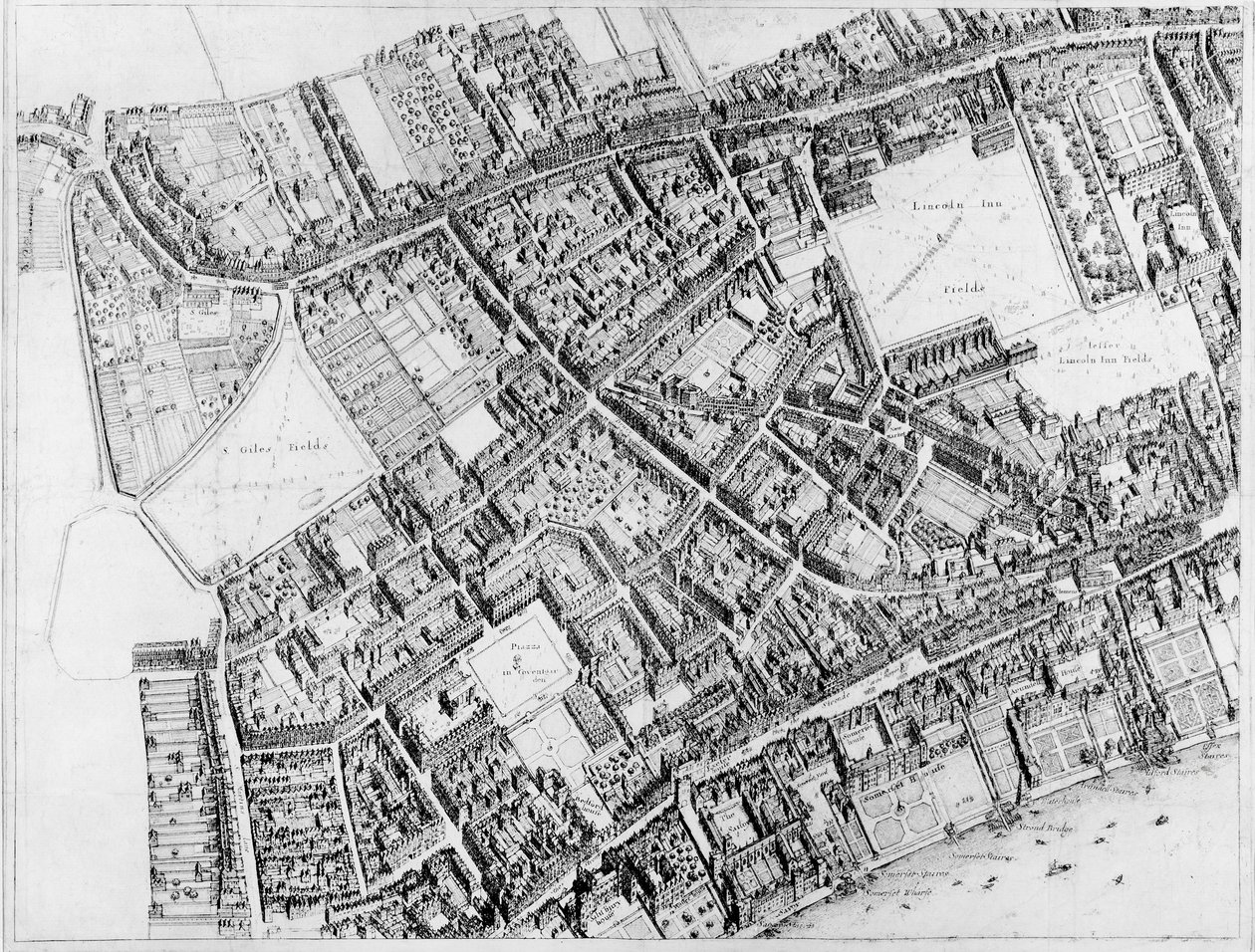 Plán z ptačí perspektivy západní centrální části Londýna, 1660-6 od Wenceslaus Hollar