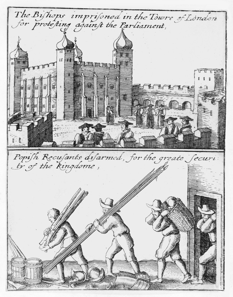 Biskupové uvěznění v Tower of London; Papežští odpůrci odzbrojeni od Wenceslaus Hollar