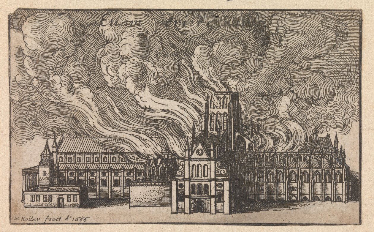 Požár staré katedrály sv. Pavla během londýnského požáru od Wenceslaus Hollar