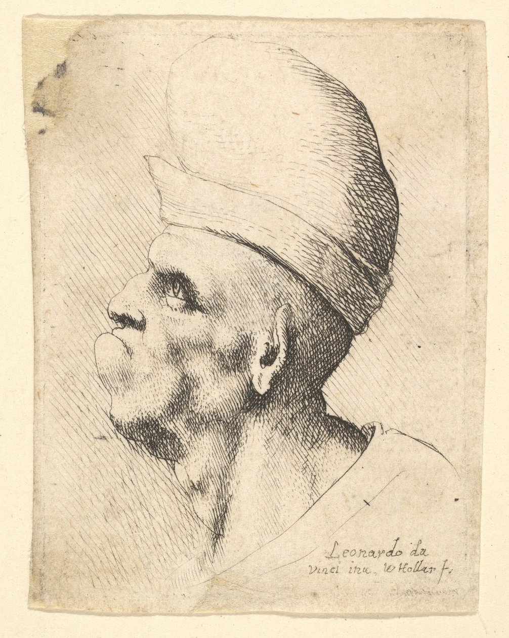 Busta zdeformovaného muže s baňatým kloboukem z profilu vlevo, 1625-77. od Wenceslaus Hollar