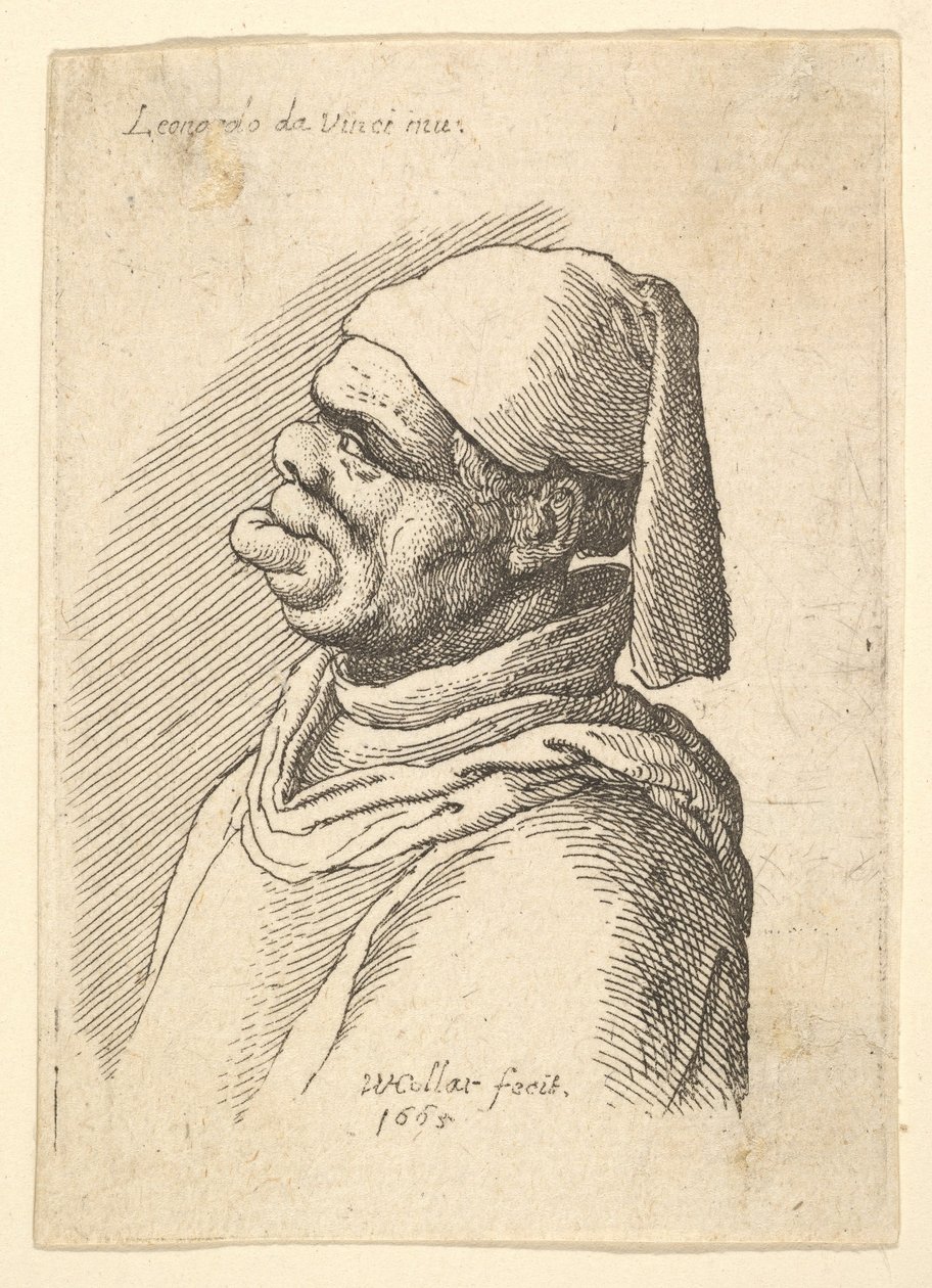 Poprsí zdeformovaného muže s kloboukem a tlustým, z profilu vlevo vyčnívajícím spodním rtem, 1625-77. od Wenceslaus Hollar