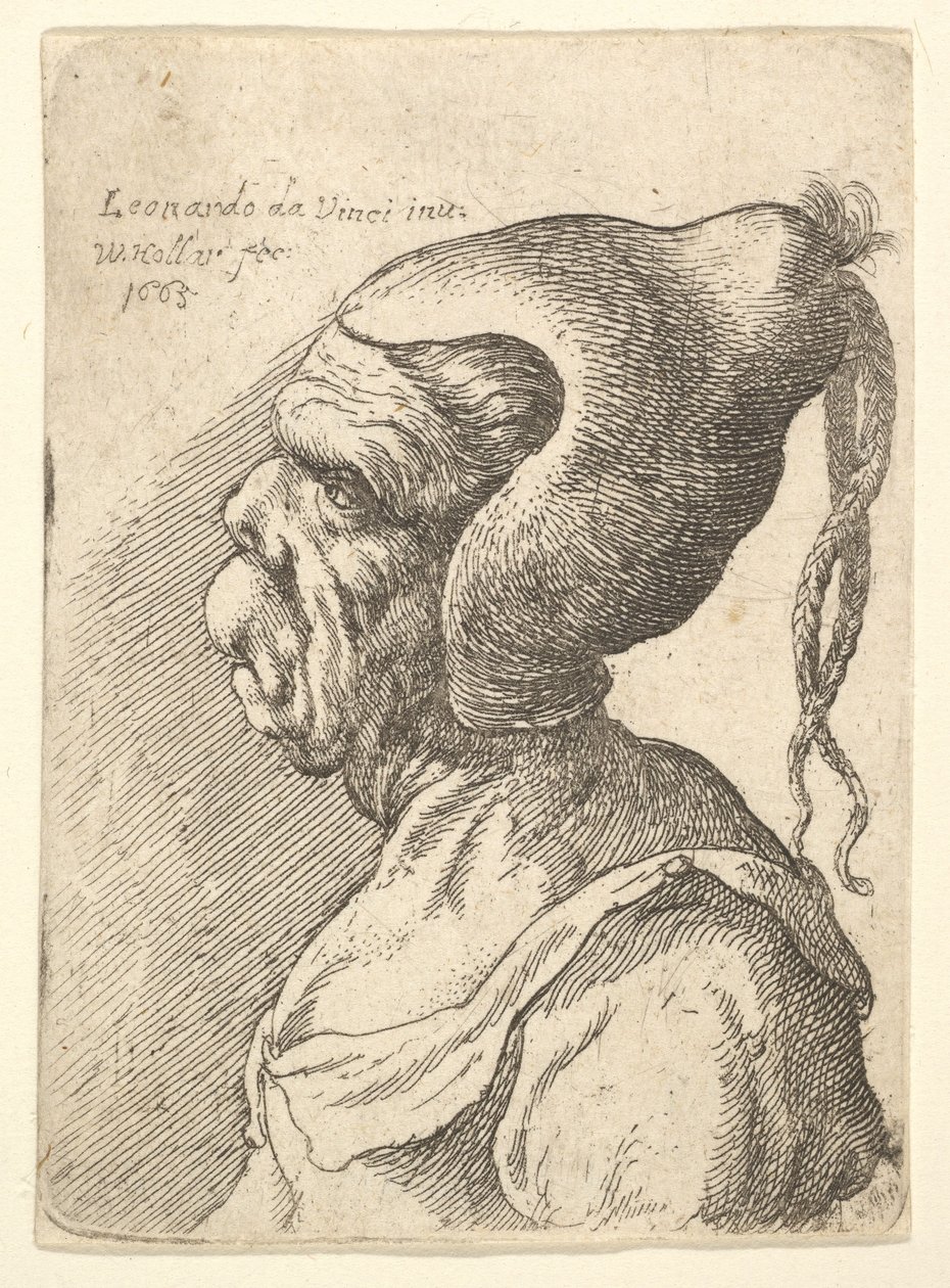 Busta zdeformované ženy s kónickým kloboukem a dvěma visícími copánky z profilu vlevo, 1665. od Wenceslaus Hollar