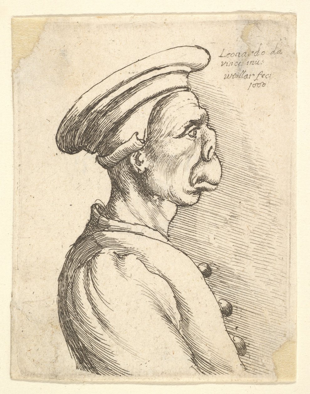 Busta muže s plochým nosem a vyčnívajícími ústy, v ploché čepici a zapnutém kabátě v..., 1660. od Wenceslaus Hollar