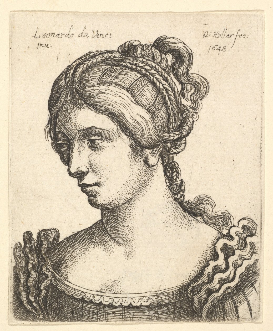 Busta ženy hledící dolů doleva s bohatě zdobenými vlasy, 1648. od Wenceslaus Hollar