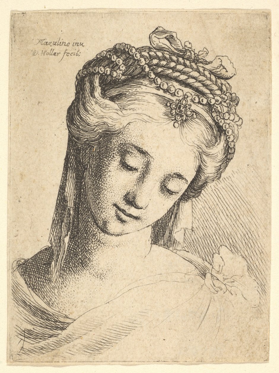 Busta mladé ženy s komplikovanou čelenkou, dívající se dolů., 1625-77. od Wenceslaus Hollar