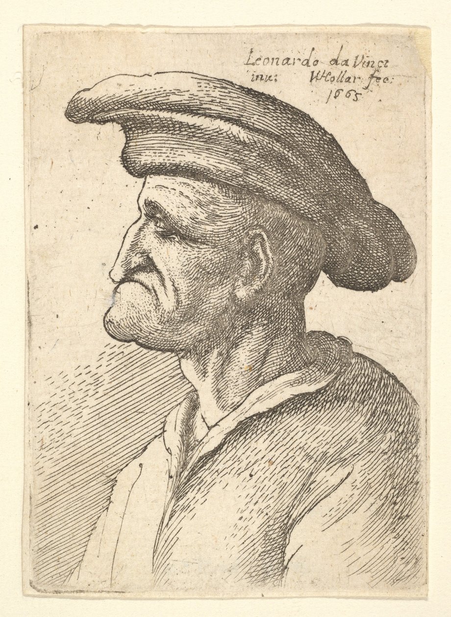 Busta staršího muže s nosem, který se dotýkal jeho spodního rtu, na sobě širokou plochou čepici z profilu t..., 1665. od Wenceslaus Hollar