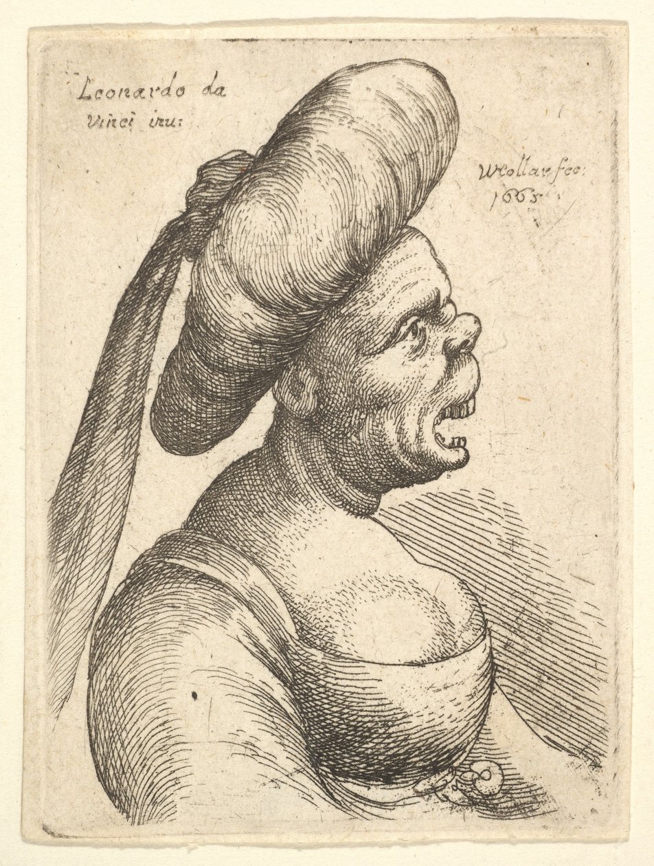 Busta ženy s široce otevřenými ústy a nahoru otočeným nosem, na sobě velký plochý turban se sraženinou..., 1665. od Wenceslaus Hollar