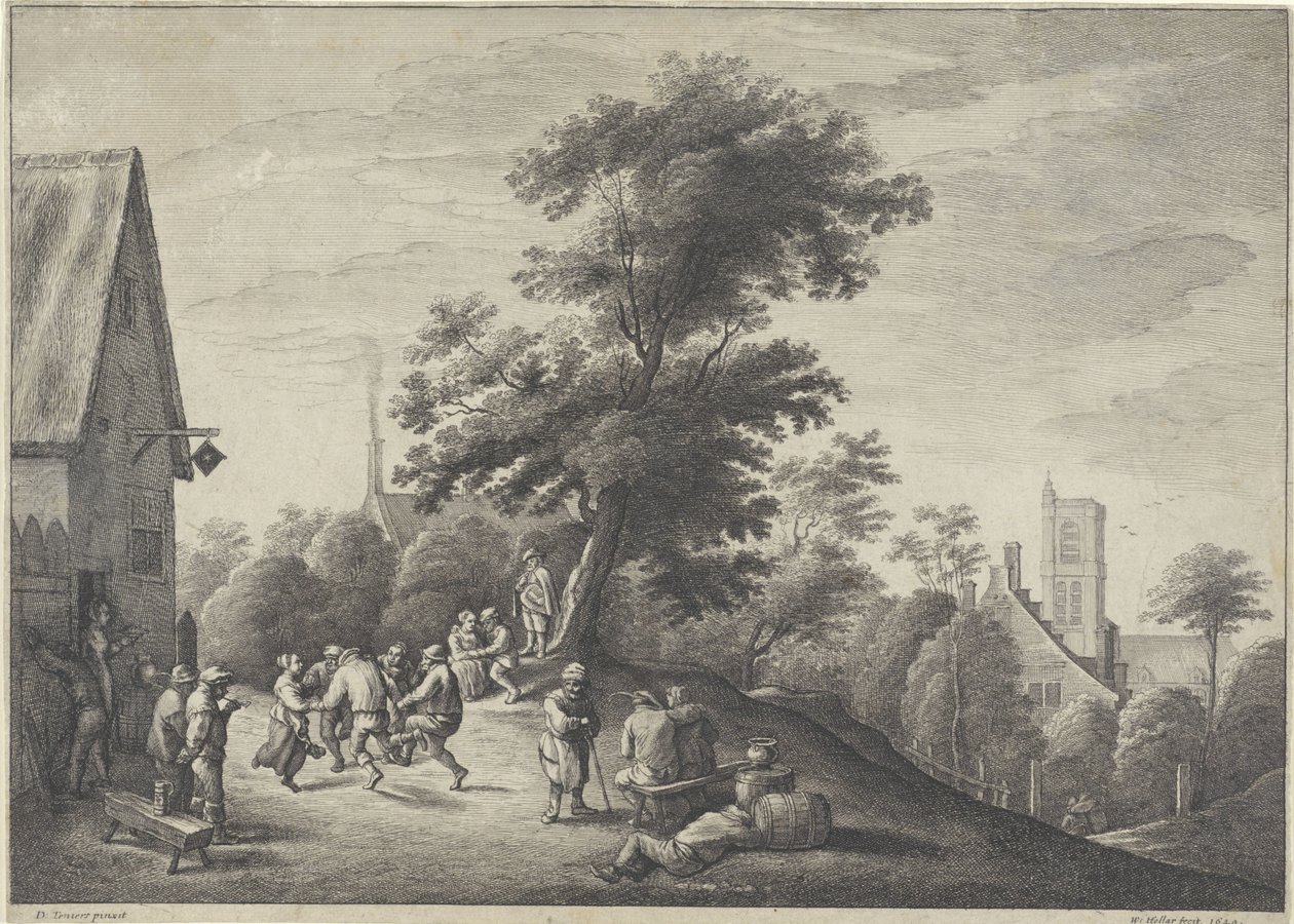 Tančící sedláci před hostincem od Wenceslaus Hollar