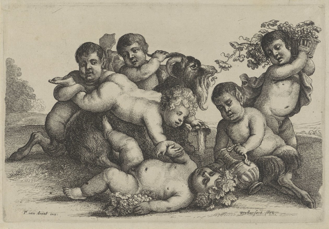 Tři malí chlapci, dva satyrové a bacchant koza Putti a Satyrs (název série) od Wenceslaus Hollar