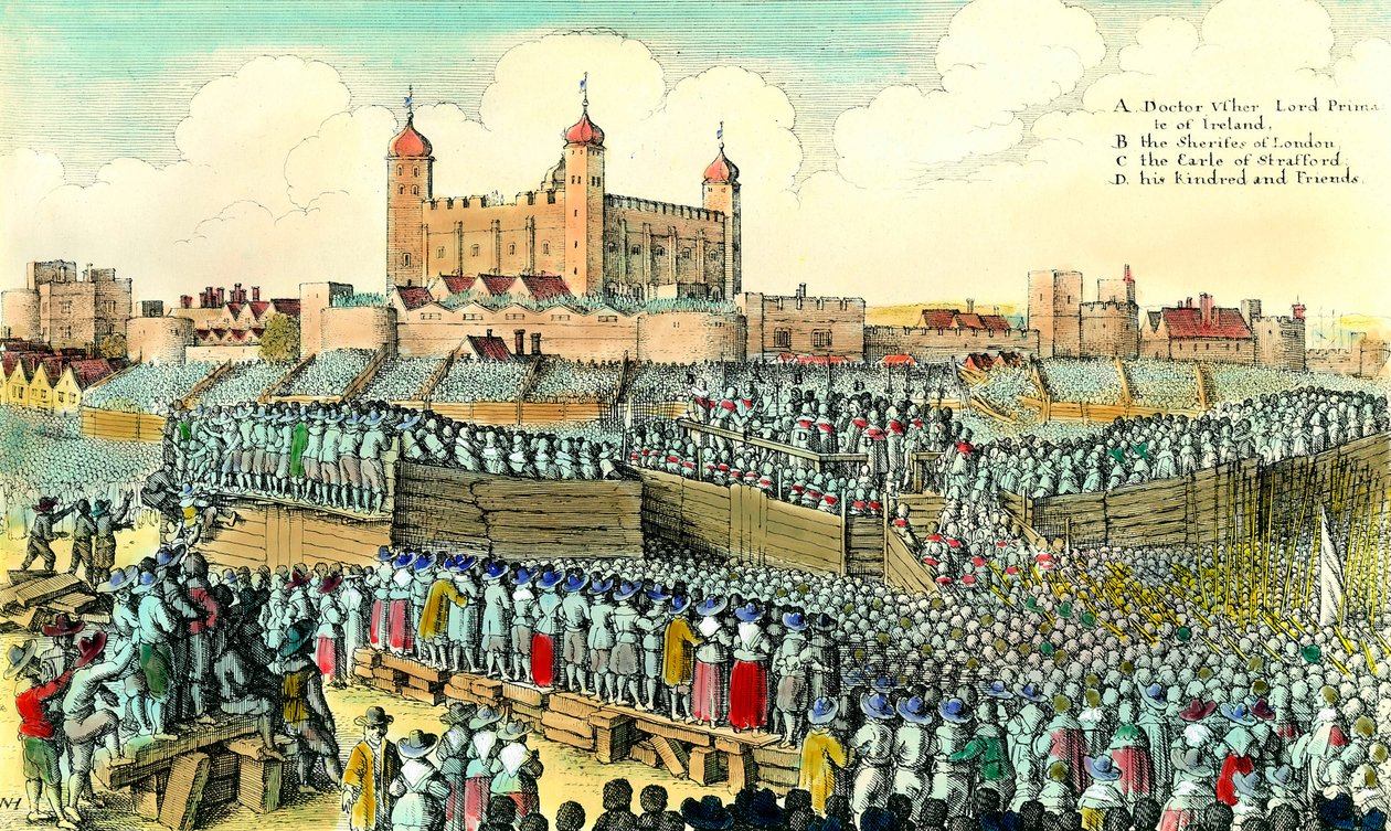 První anglická revoluce (1641-1649): poprava anglického politika Thomase Wentwortha de Strafford (1593-1641) dne 12.05.1641 na Tower Hill v Londýně. Rytina Václava Hollara (1607-1677) Soukromá sbírka ze 17. století od Wenceslaus Hollar