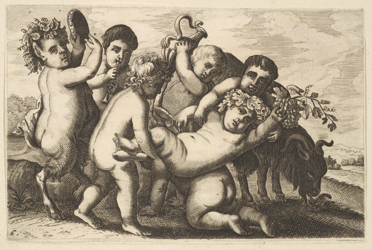 Pět chlapců, dva satyrové a kozí kopie, 17. století. od Wenceslaus Hollar