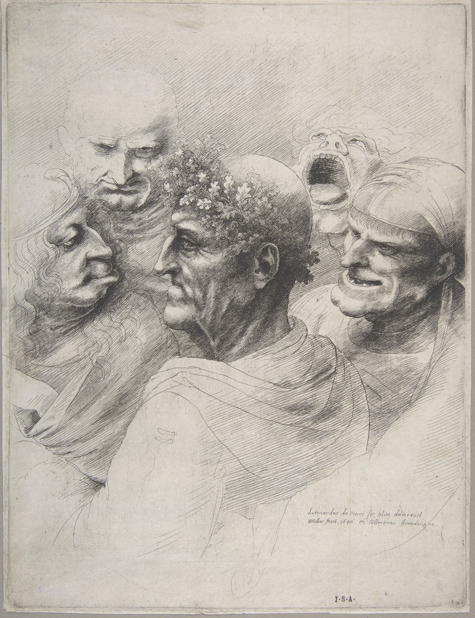 Pět groteskních hlav, včetně staršího muže s věncem z dubových listů, 1646., 1646. od Wenceslaus Hollar