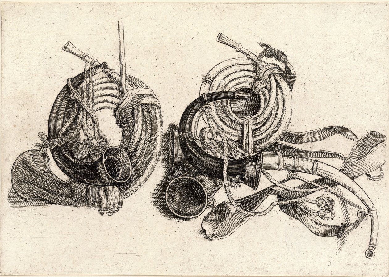 Pět loveckých rohů od Wenceslaus Hollar