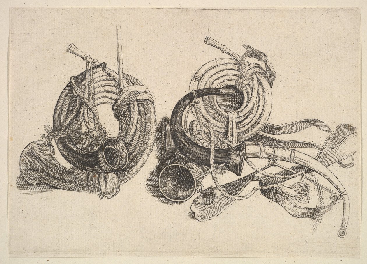 Pět loveckých rohů, 1625-77. od Wenceslaus Hollar