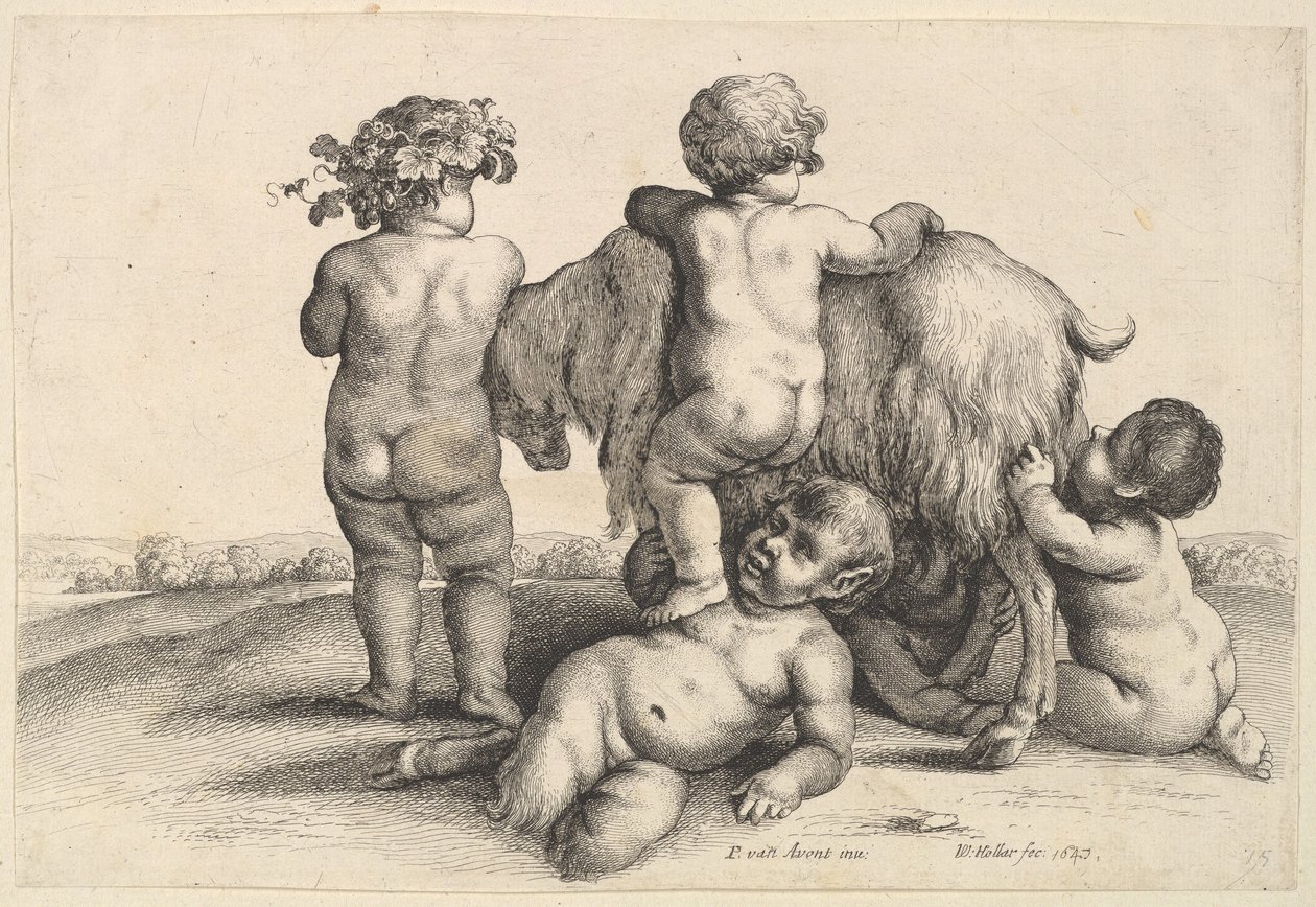 Čtyři chlapci, mladý satyr a koza, 1647. od Wenceslaus Hollar