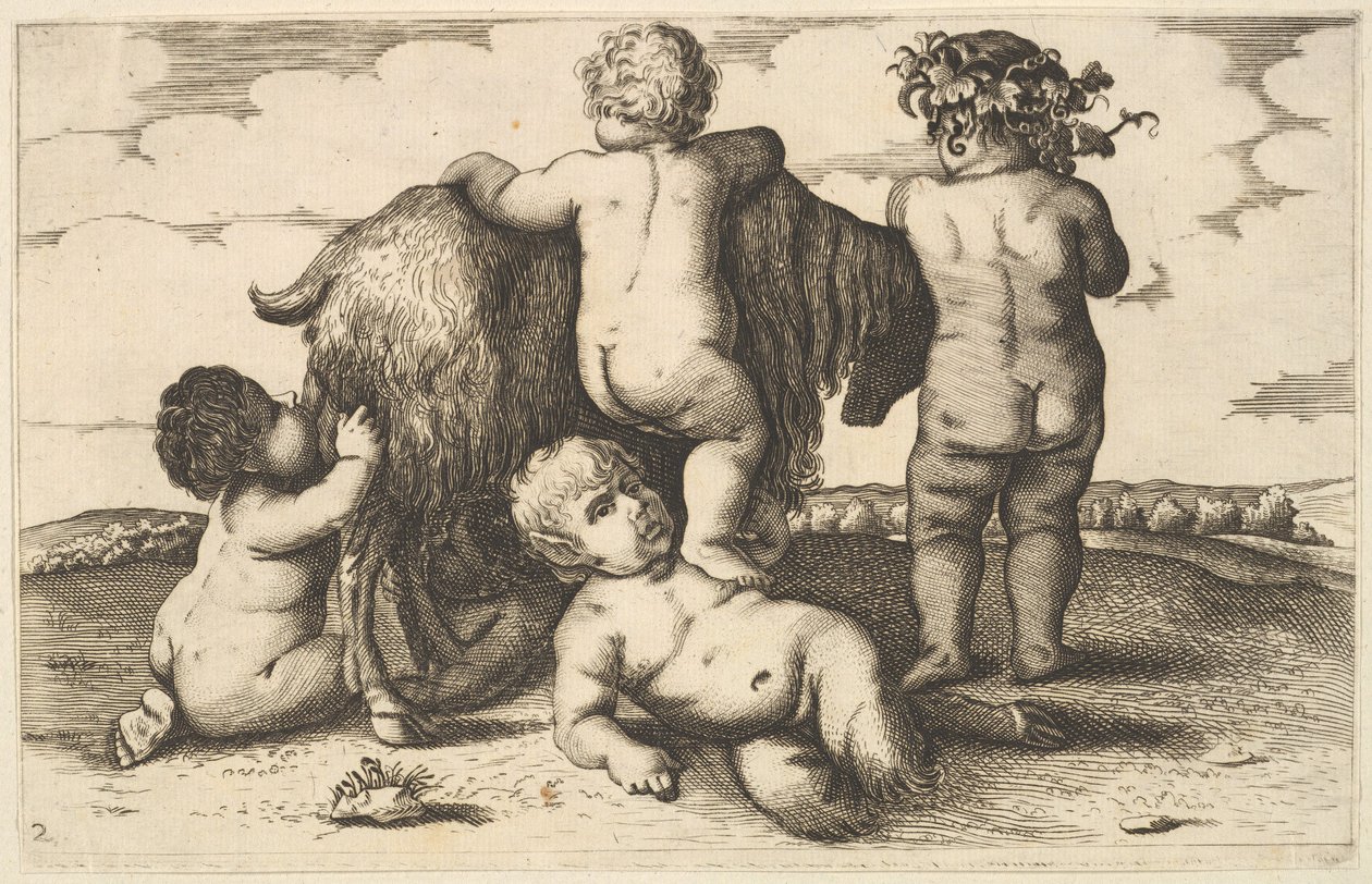 Čtyři chlapci, mladý satyr a kozí kopie, 17. století. od Wenceslaus Hollar