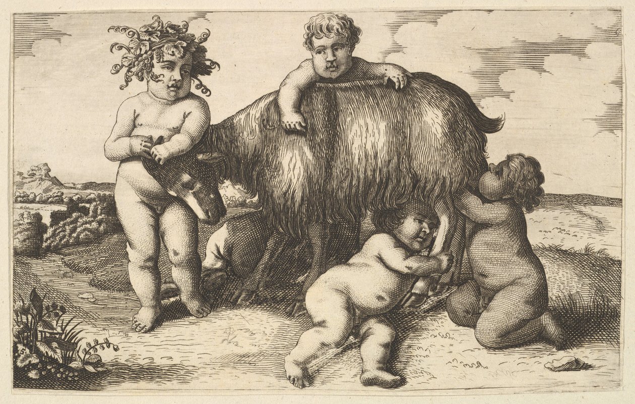 Čtyři chlapci, mladý satyr a kopie kozy v opačném směru, 17. století. od Wenceslaus Hollar