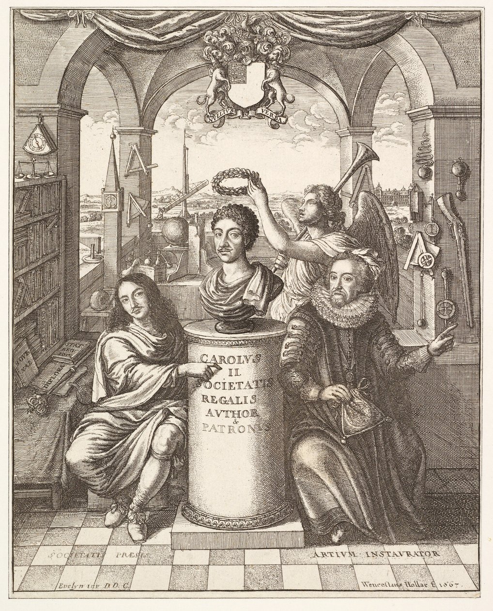 Frontispis knihy The History of the Royal Society of London od Thomase Spratta, vyd. 1702 od Wenceslaus Hollar